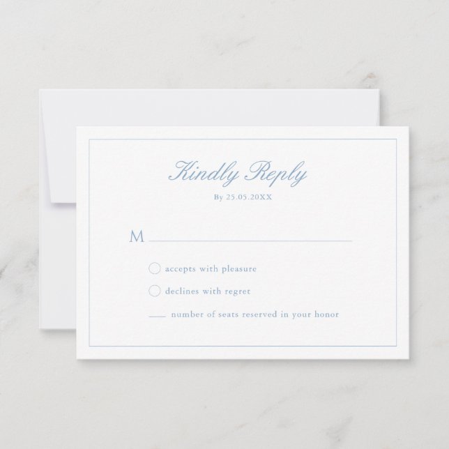 Wedding Dusty Blue Script Crest Monogram RSVP Card (Front)