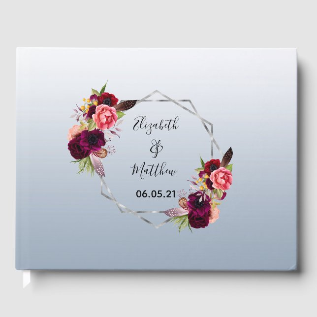 Wedding dusty blue silver geometric floral guest book (Front)