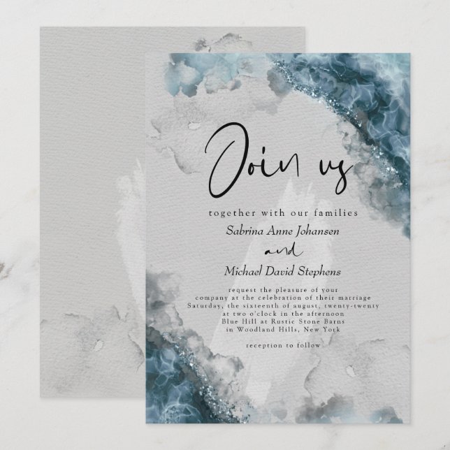 WEDDING | Dusty Blue Stone Grey Alcohol Ink Invitation (Front/Back)