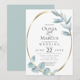 Wedding Dusty Blue Watercolor Eucalyptus Leaves Invitation