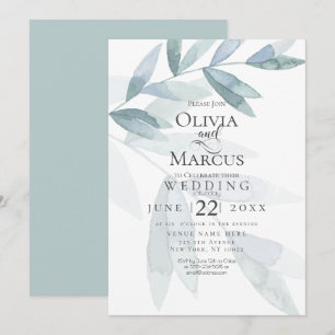 Wedding Dusty Blue Watercolor Eucalyptus Leaves Invitation