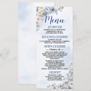 Wedding Dusty Blue Watercolor Ivory Flowers Dinner Menu
