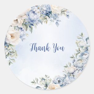 Wedding Dusty Blue Watercolor Ivory Flowers Leaves Classic Round Sticker