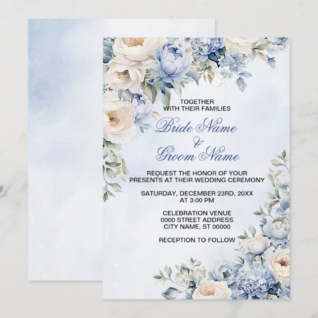 Wedding Dusty Blue Watercolor Ivory Flowers Leaves Invitation (Front/Back)