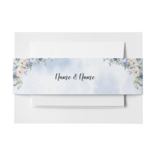 Wedding Dusty Blue Watercolor Ivory Flowers Leaves Invitation Belly Band