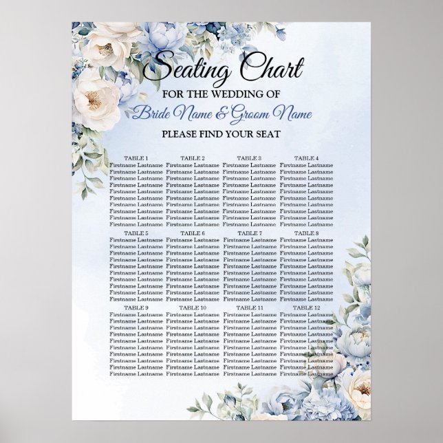 Wedding Dusty Blue Watercolor Ivory Flowers Leaves Poster (Front)
