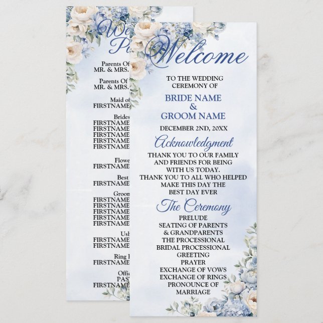 Wedding Dusty Blue Watercolor Ivory Flowers Leaves Programme (Front/Back)