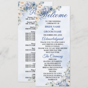 Wedding Dusty Blue Watercolor Ivory Flowers Leaves Programme