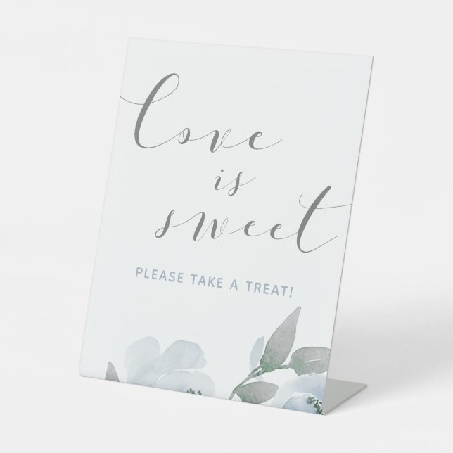 Wedding Dusty Blue Watercolor Love is Sweet Pedestal Sign (Front)