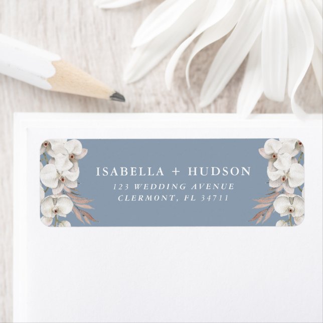 Wedding Dusty Blue White Orchid Return Address (Insitu)