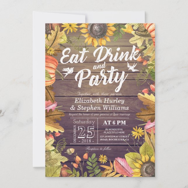 Wedding EAT Drink and Party Maple Leaves Pumpkins Invitation (Front)