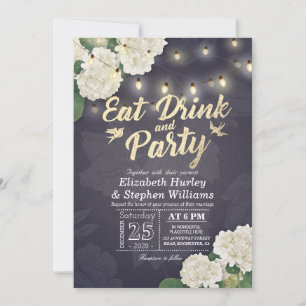 Wedding EAT Drink & Party Hydrangeas String Lights Invitation