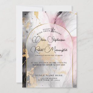 WEDDING    Ebony Rose and Gold Abstract Marble Invitation
