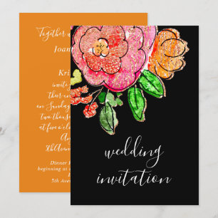 Wedding Effect Floral Watercolor Orange Black Rose Invitation
