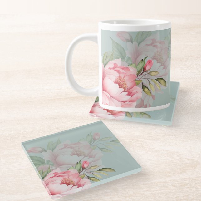 Wedding & Eid | Pink Peony & Sage Green Glass Coaster (Creator Uploaded)