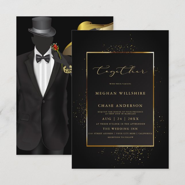 WEDDING | Elegant Black and Gold Glitter Invitation (Front/Back)