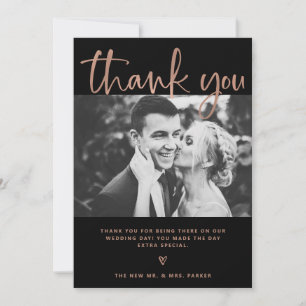 Wedding   Elegant Black and Rose Gold with Photos Thank You Card