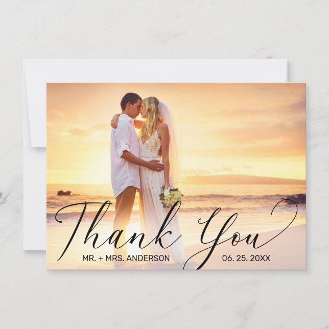 Wedding Elegant Black Script Photo Thank You Card (Front)