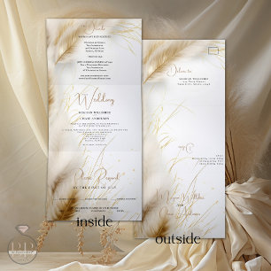 Wedding Elegant Boho Ivory and Gold Pampas Tri-Fold Invitation