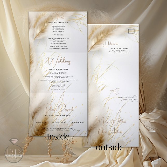 Wedding | Elegant Boho Ivory and Gold Pampas Tri-Fold Invitation (Creator Uploaded)