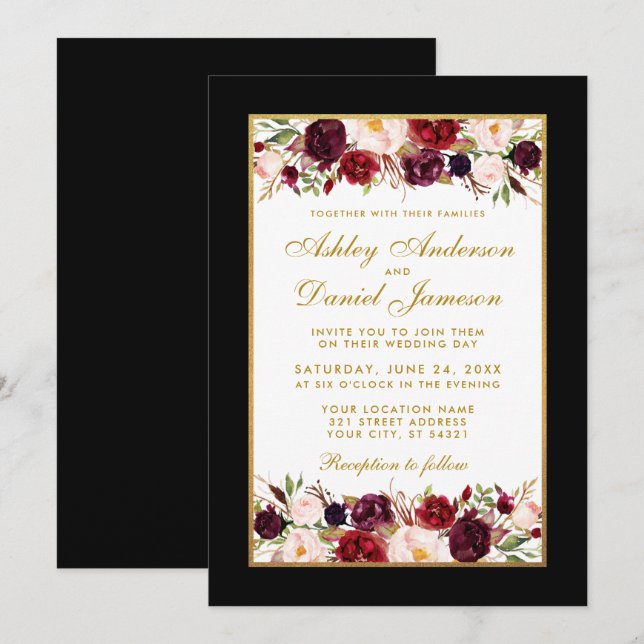 Wedding Elegant Burgundy Floral Black Gold Frame Invitation (Front/Back)