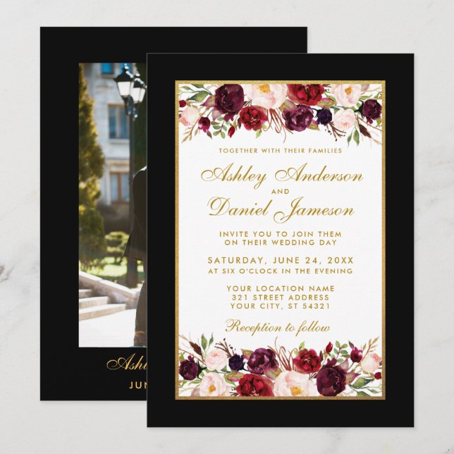 Wedding Elegant Burgundy Floral Black Gold Photo Invitation (Front/Back)