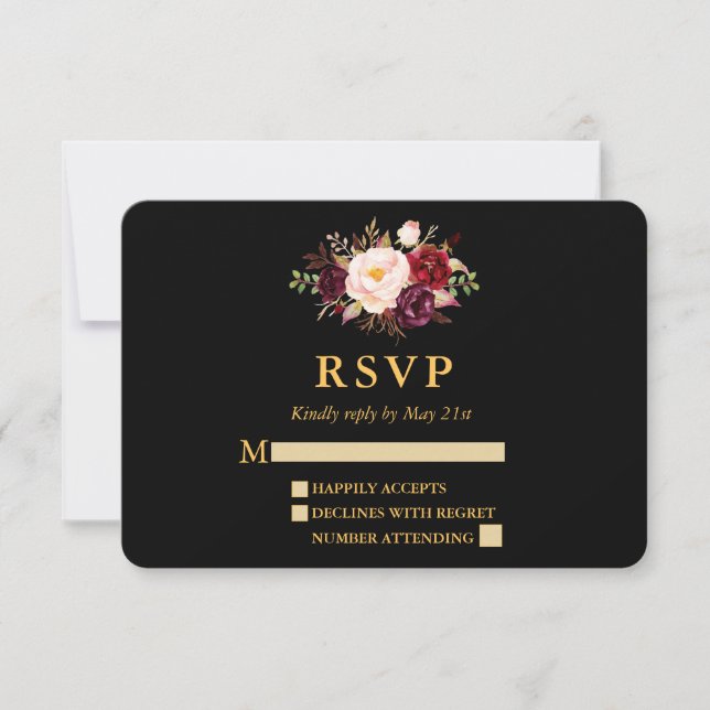 Wedding Elegant Burgundy Floral Black Gold RSVP Card (Front)