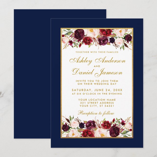 Wedding Elegant Burgundy Floral Blue Gold Frame Invitation (Front/Back)