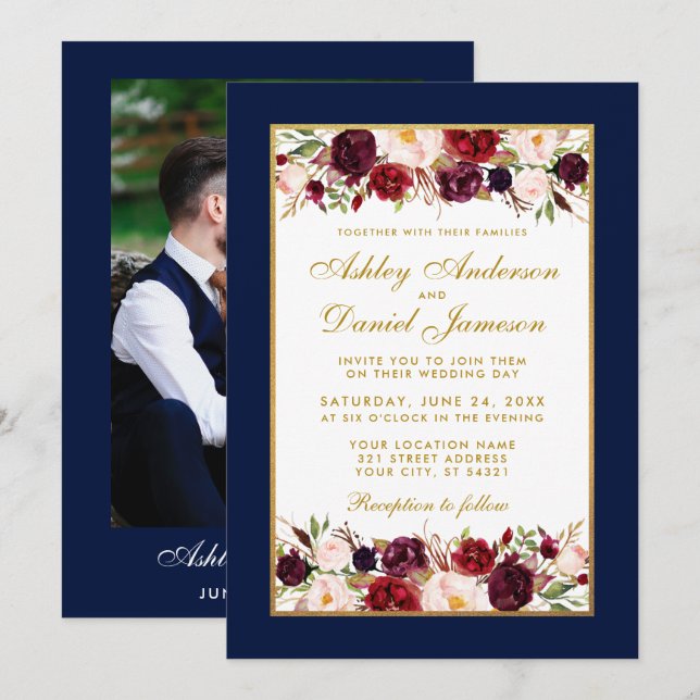 Wedding Elegant Burgundy Floral Blue Gold Photo Invitation (Front/Back)