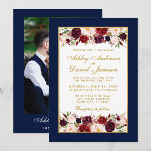 Wedding Elegant Burgundy Floral Blue Gold Photo Invitation