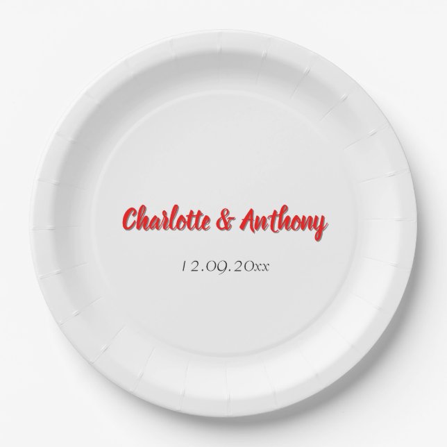 Wedding Elegant Calligraphy Creative Red White Paper Plate (Front)