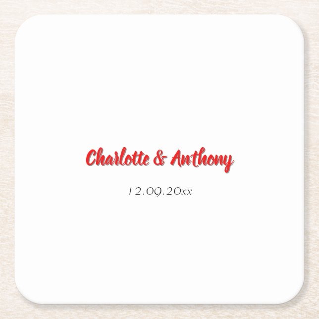 Wedding Elegant Calligraphy Creative Red White Square Paper Coaster (Front)