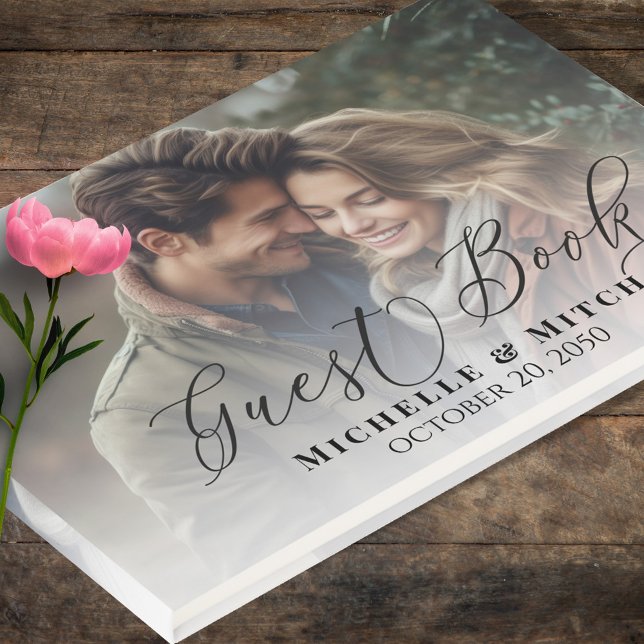 Wedding Elegant Calligraphy Photo Black and White Guest Book (Wedding guest book with photo template. )