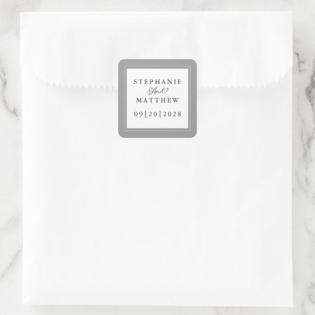 Wedding Elegant Calligraphy Script Chic Grey White Square Sticker (Bag)