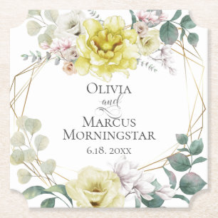 Wedding Elegant Cheery Yellow Peony Flowers Paper Coaster