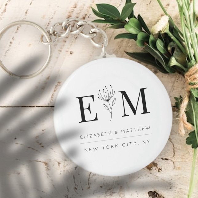 Wedding Elegant Chic Modern Monogram Foliage Key Ring (Creator Uploaded)