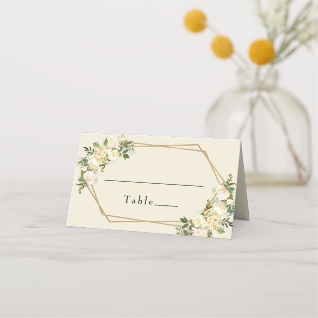 Wedding Elegant Chic Rose Floral Gold Frame Place Card (Front)