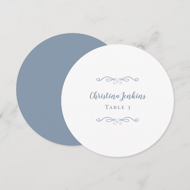 Wedding Elegant Dusty Blue White Round Place Card (Front/Back)
