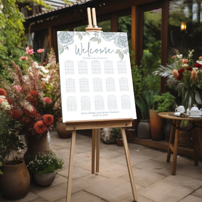 Wedding Elegant Floral Blue Watercolor Roses Poster (Elegant watercolor dusty blue floral seating chart with simple calligraphy script poster)