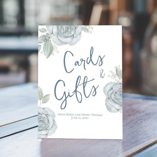 Wedding Elegant Floral Calligraphy Cards and Gifts (Cards and Gifts wedding tabletop sign with dusty blue flowers)
