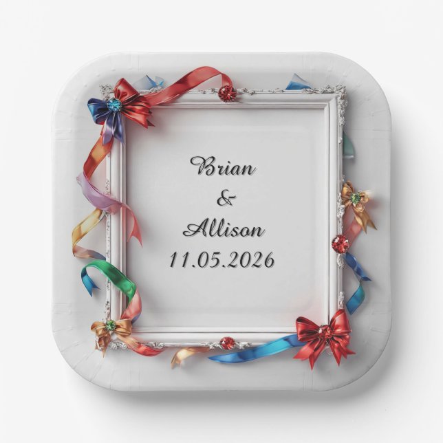 Wedding Elegant Floral Frame Design Paper Plate (Front)