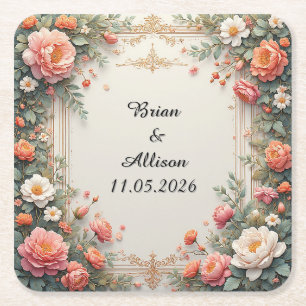 Wedding Elegant Floral Frame Design Square Paper Coaster