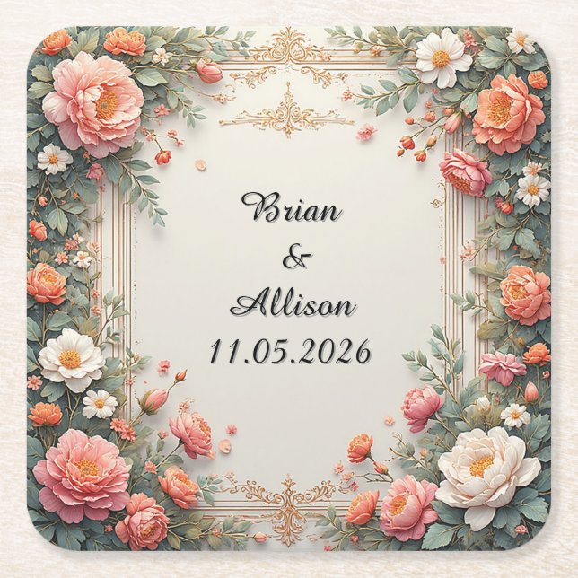 Wedding Elegant Floral Frame Design Square Paper Coaster (Front)
