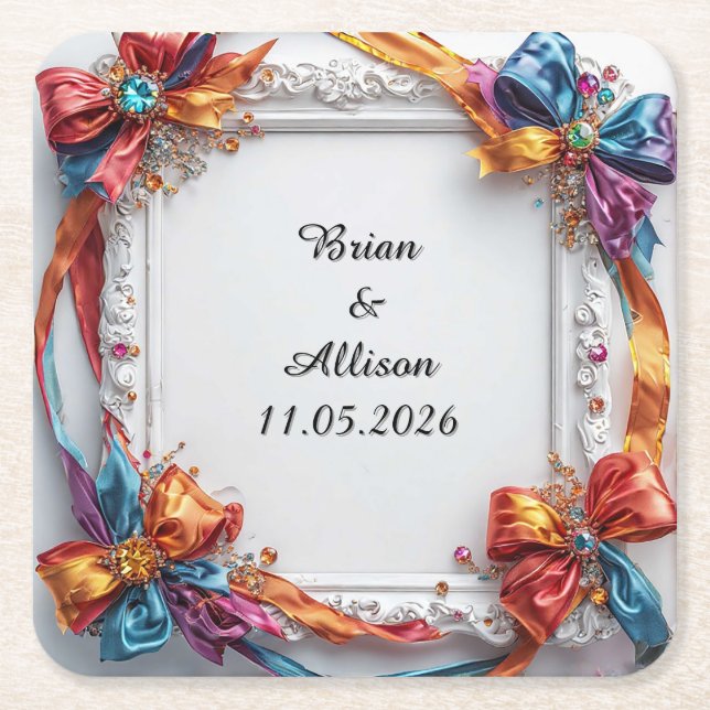 Wedding Elegant Floral Frame Design Square Paper Coaster (Front)