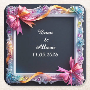 Wedding Elegant Floral Frame Design Square Paper Coaster