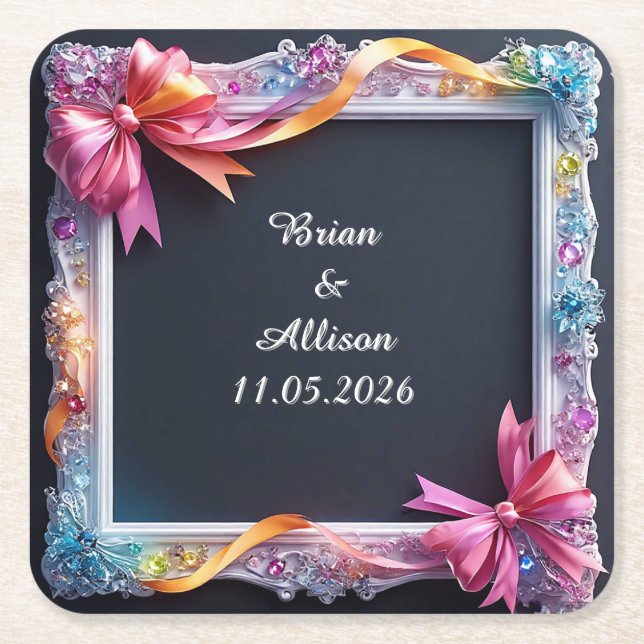 Wedding Elegant Floral Frame Design Square Paper Coaster (Front)