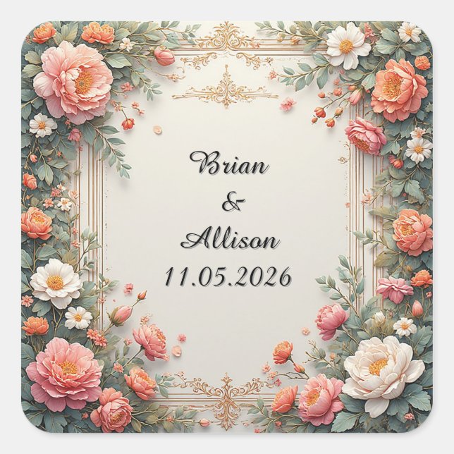 Wedding Elegant Floral Frame Design Square Sticker (Front)