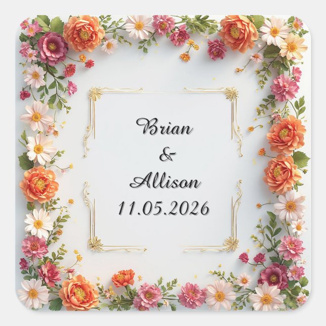 Wedding Elegant Floral Frame Design Square Sticker (Front)