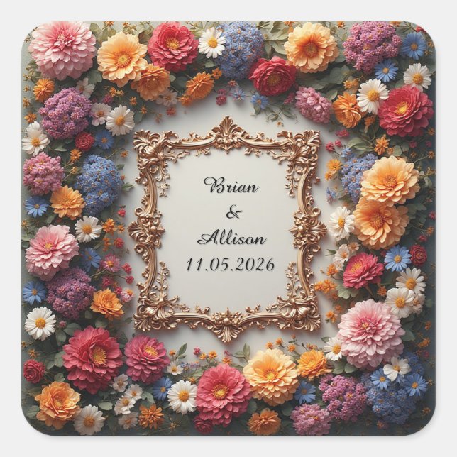 Wedding Elegant Floral Frame Design Square Sticker (Front)