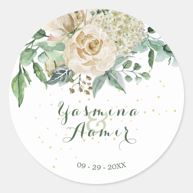  Wedding Elegant Floral Neutral Rose Gold Classic Round Sticker (Front)